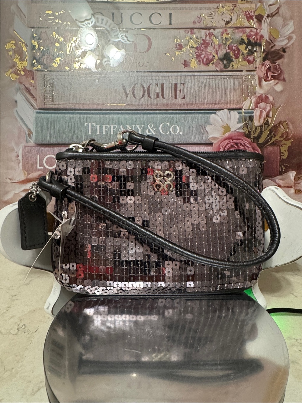 Coach Sequin Wristlet Clutch - Gunmetal and Silver NWT